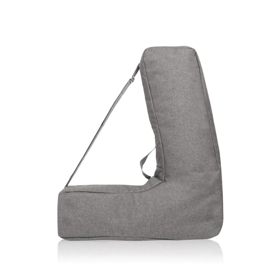 The ByAcre Accessories for the Ultralight Carbon Fiber Rollators feature a gray, fabric-covered foam chair with an adjustable backrest. This minimalist design includes a strap for comfort and versatility, while its soft fabric offers an inviting look against a plain white background.